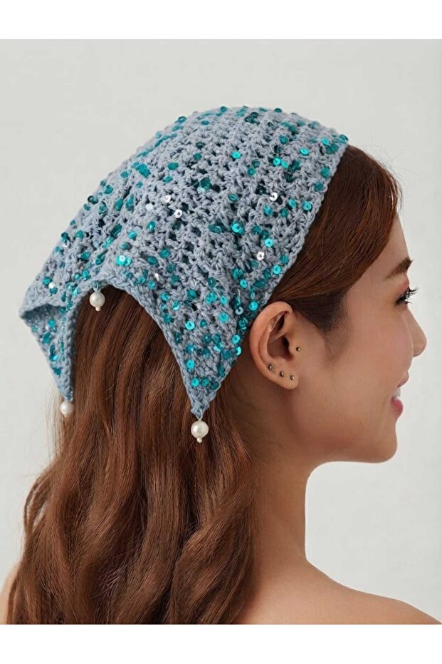 Pearl Detailed Sequin Embroidered Knitted Bandana