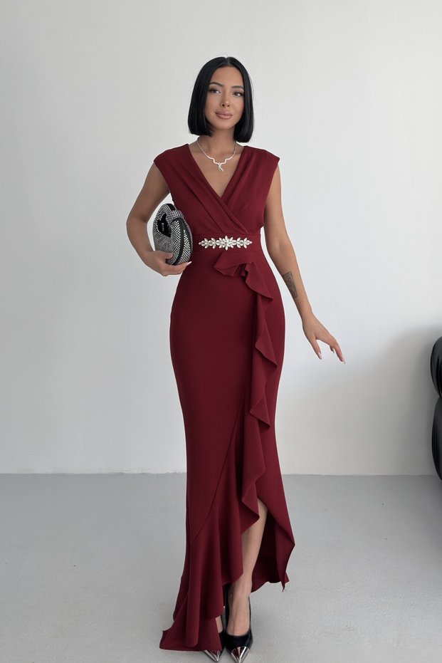 Women's Stoned Scuba Diving Fabric Double Breasted Collar Skirt Flounce Evening Dress Graduation Wedding Dress