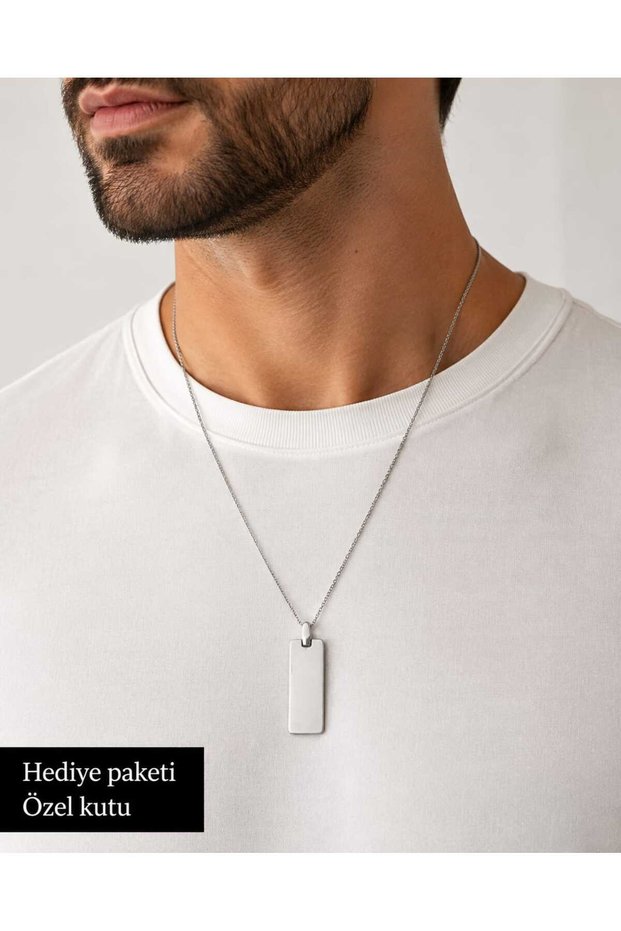Minimal Rectangular Plate End Silver Color Men's Necklace