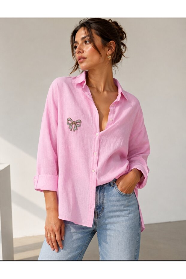 Oversized Shirt with Pink Stone Accessories