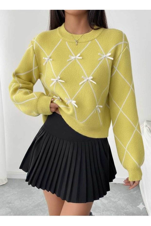 Ribbon Embroidered Crew Neck Women's Knitwear Sweater