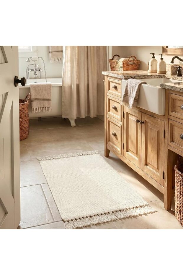 Small Bathroom Rug, 2' x 3' Hand-Woven Low Profile Front Entryway Rug, Tan Cotton Reversible