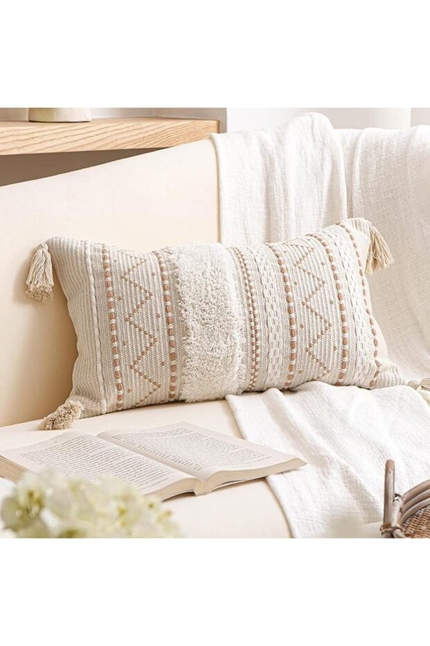 Decorative Lumbar Throw Pillow Cover 12x20 Rectangular Boho Accent Pillowcase Black Neutr