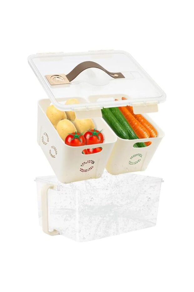 Organizer Airtight Fruit Storage Container, Clear Refrigerator Bin with Handle Timer & Removable Colanders, Large Capacity Divided Food Storage Box, 2 Grids