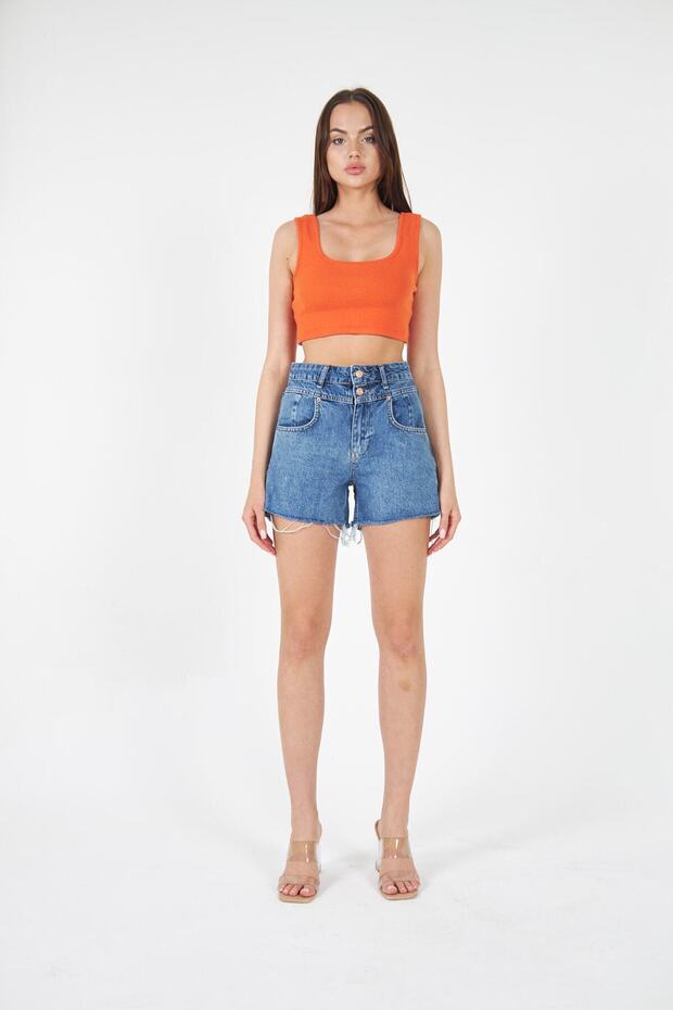 Women's Blue Front Button Detailed Tassel Hem Jean Shorts