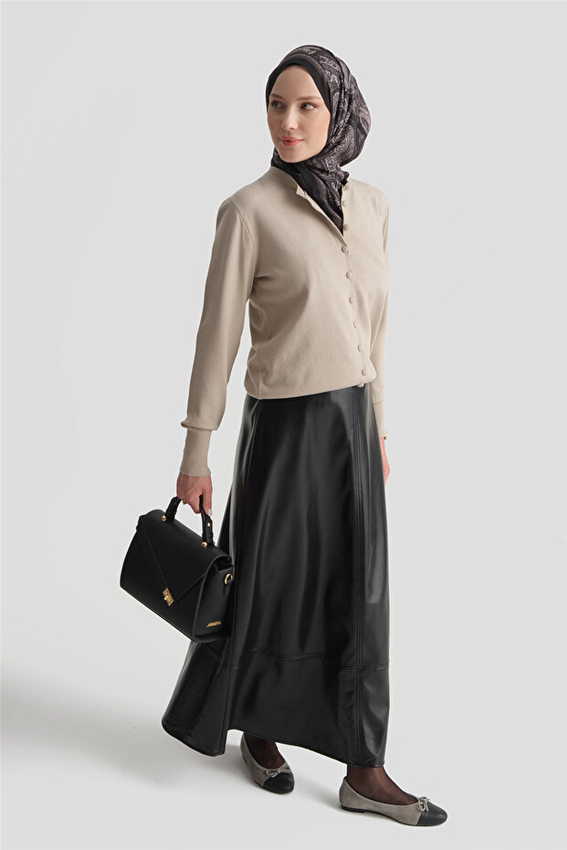 Button Detailed Basic Cardigan Mink