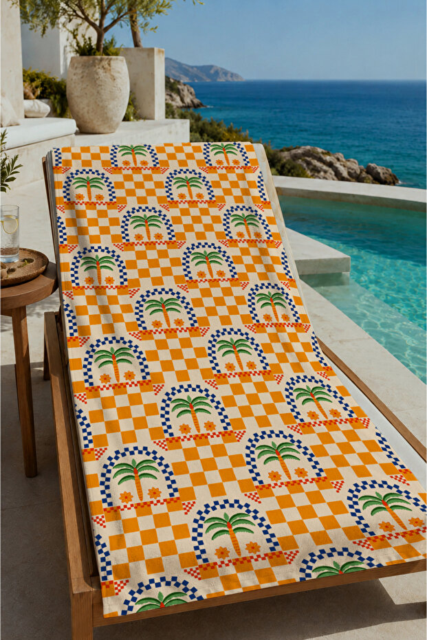 Orange Checkerboard Repeating Palm Tree Pattern 70X150 Beach Towel - Digital Printed Bath Towel