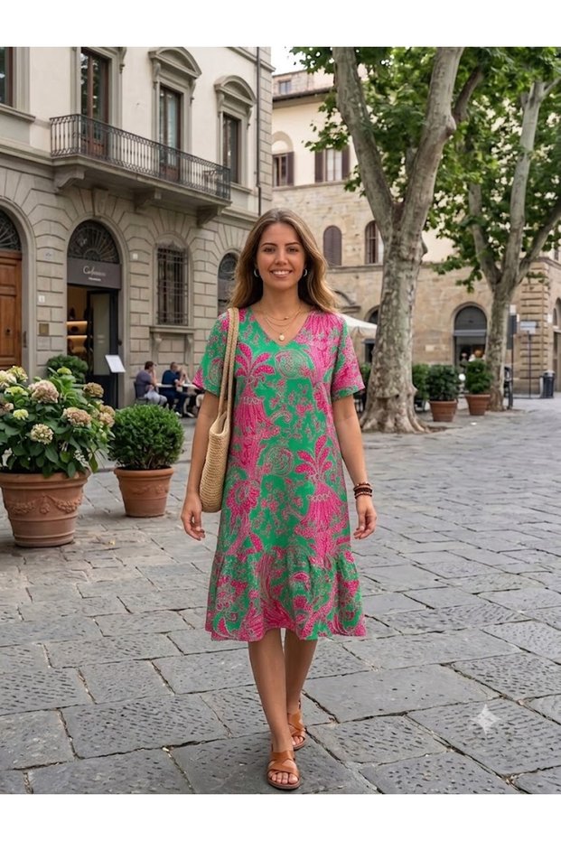 Women's V-Neck Patterned Half Sleeve Dress with Pockets