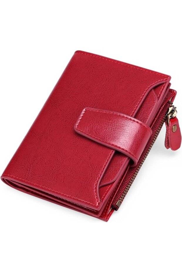 Women's PU zipper wallet burgundy RFID slim card holder.