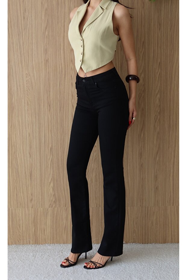 Women's Black High Waist Half Spanish Flare Stretch Denim Jean Pants