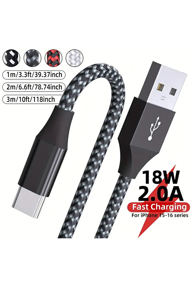1m 1PC Black 1/2/3m Nylon Braided USB A to Type C Fast Charging Cable 40000+ Bend Lifespan 480Mbps D