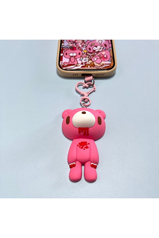 Pink Cute Violent Bear Phone Strap Y2K Pink Black Gloomy Bear Keychain Silicone Bloody Doll Pendant