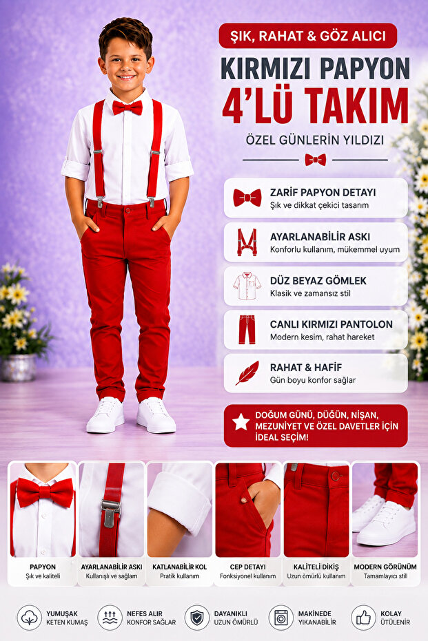 Boy's Suit Red Pants White Shirt Red Bow Tie Set April 23 May 19 October 29 Reading Day Performance Outfit