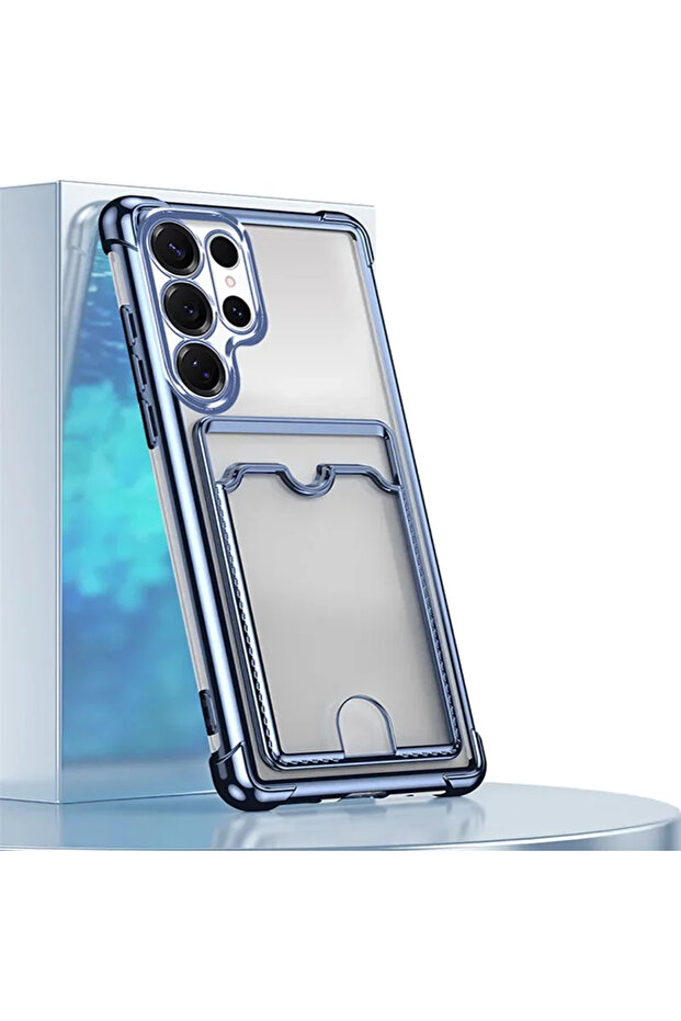 Galaxy S25 Blue Transparent Plating Card Holder Shockproof Case for S26 S25 Edge S24 S23 S22 Ultra