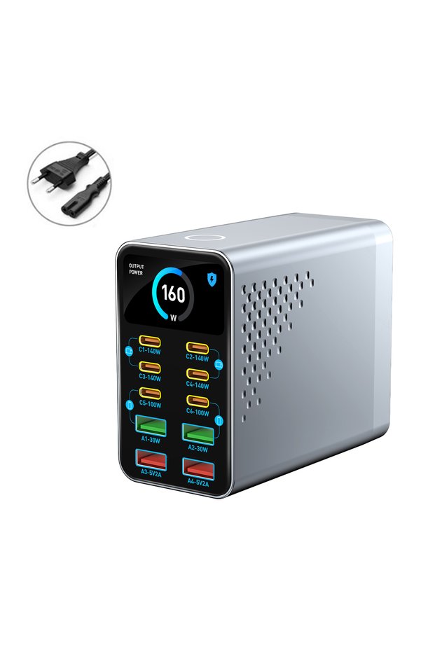 Silver KR USB Type C GaN Charger Ai Display 10 in 1 Desktop Power Station Fast PD Charge For iPhone