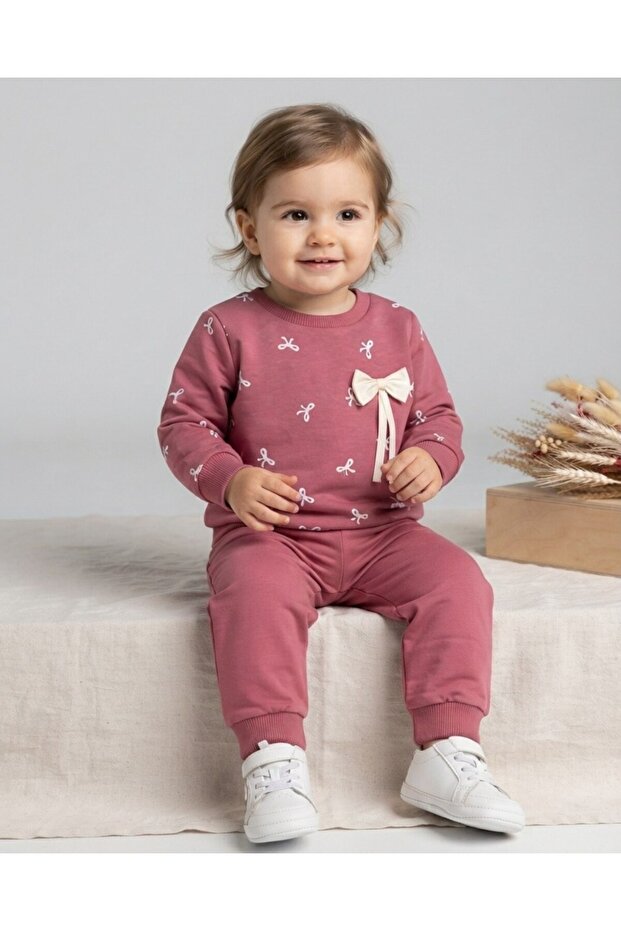 Girl's Seasonal 1-2-3-4 Year Old Bow Detailed 2 Threaded Top and Bottom 2-Piece Compact Set