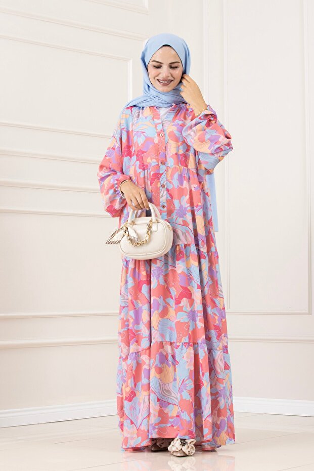 Esin Half Button Robe Dress-Blue