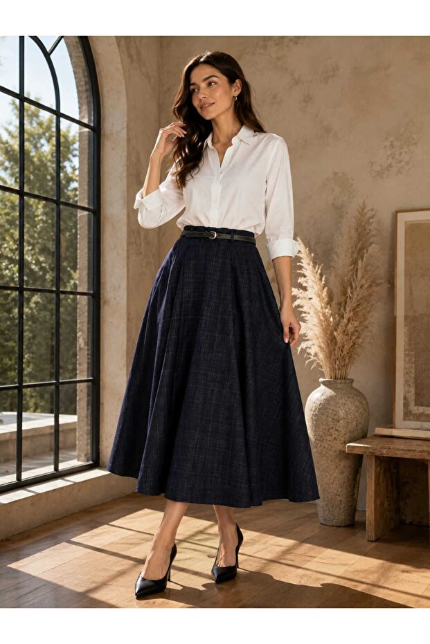 Women's Plaid Patterned Belted Midi Skirt