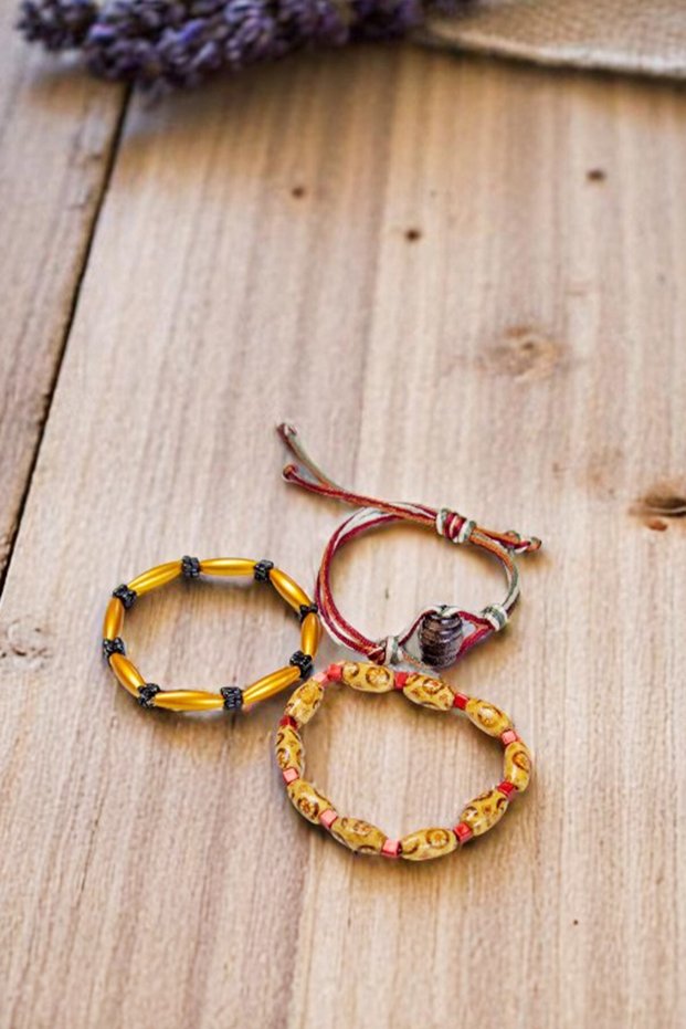 Copper Colored Natural Stone Rope Braided Wooden Triple Set Bracelet