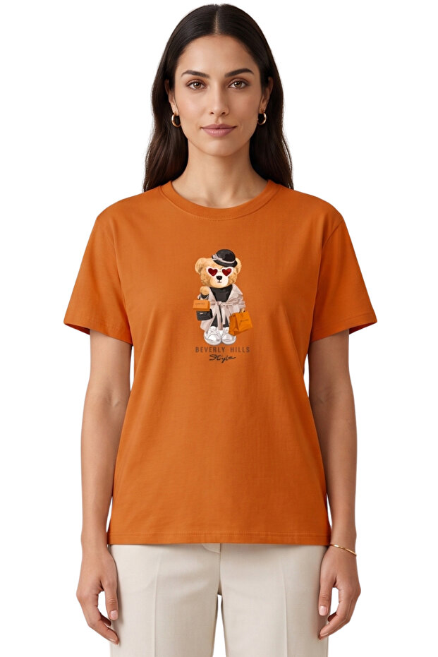 Women's Orange Beverly Hills Teddy Bear Printed T-Shirt 100% Cotton Comfortable Fit