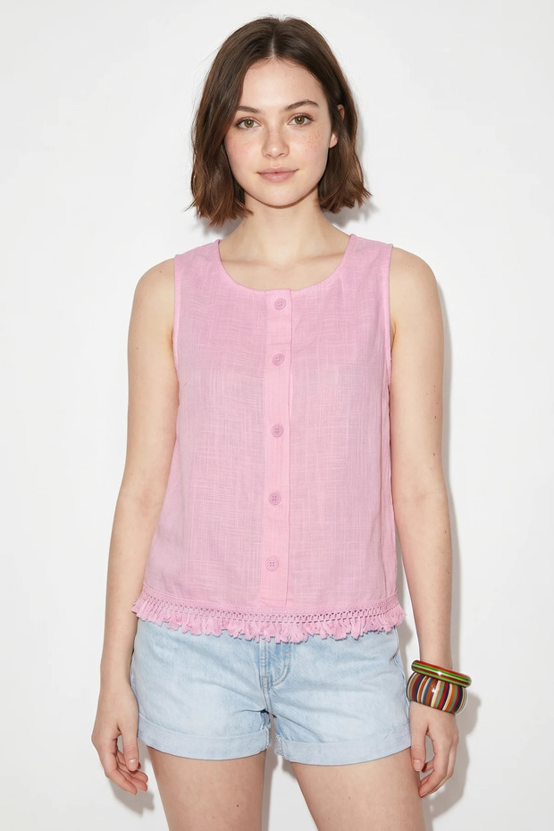 Women's Ornamental Button Detailed Tassel Embroidered Linen Textured Pink Blouse
