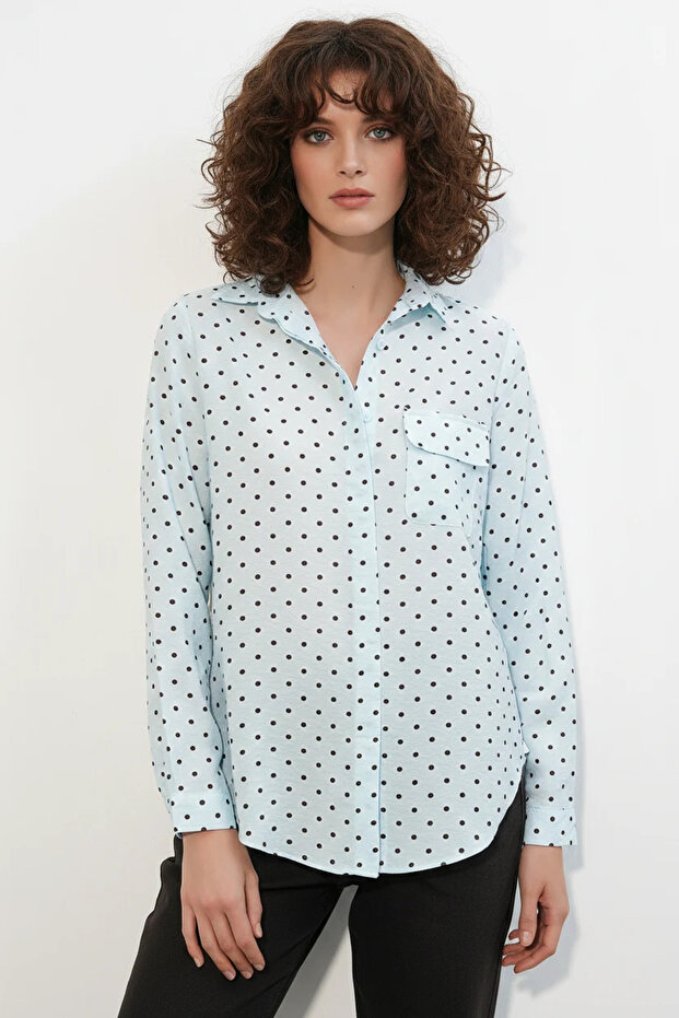 Women's Oversize Single Pocket Polka Dot Blue Shirt