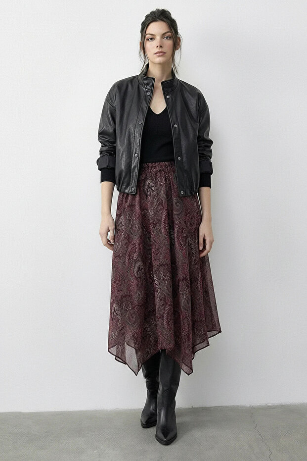 Women's Ethnic Patterned Asymmetrical Cut Lined Burgundy Skirt