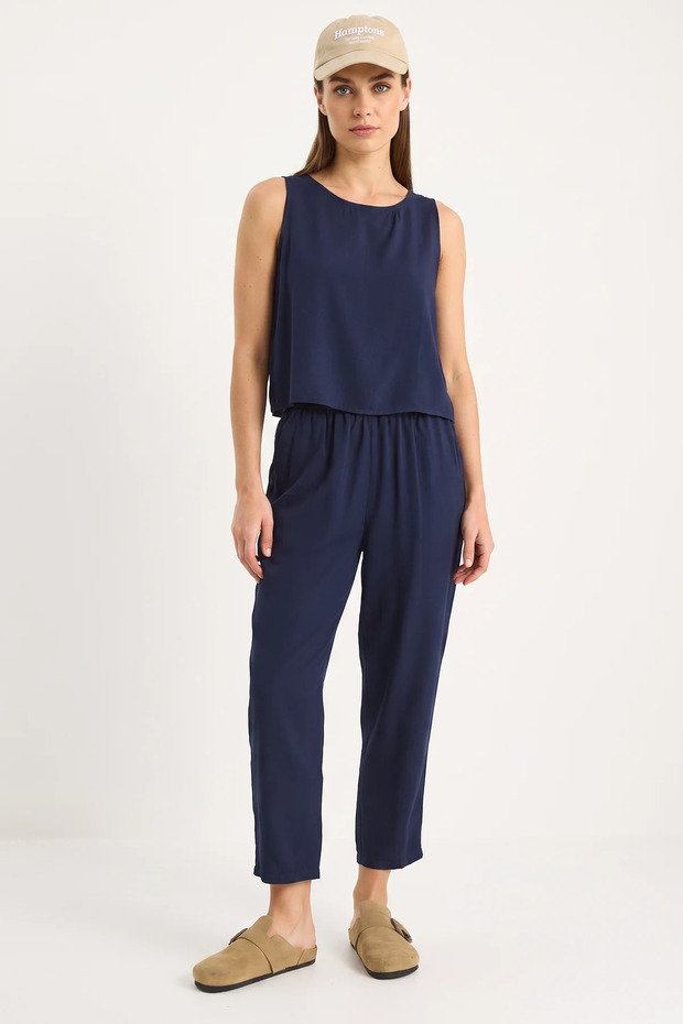 Women's Thick Strap Blouse Elastic Waist Pants Modal Navy Blue Set