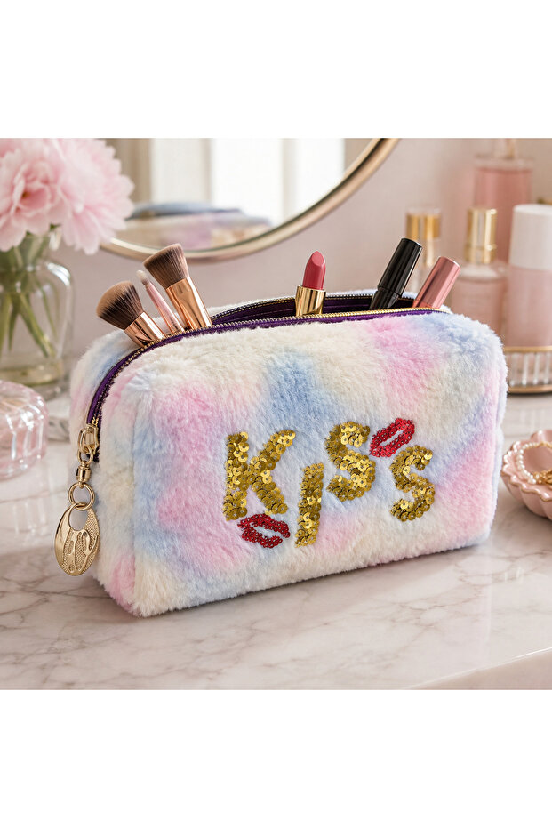 Plush Pen Holder and Makeup Bag Zippered Multi-Purpose Organizer Bag Rose