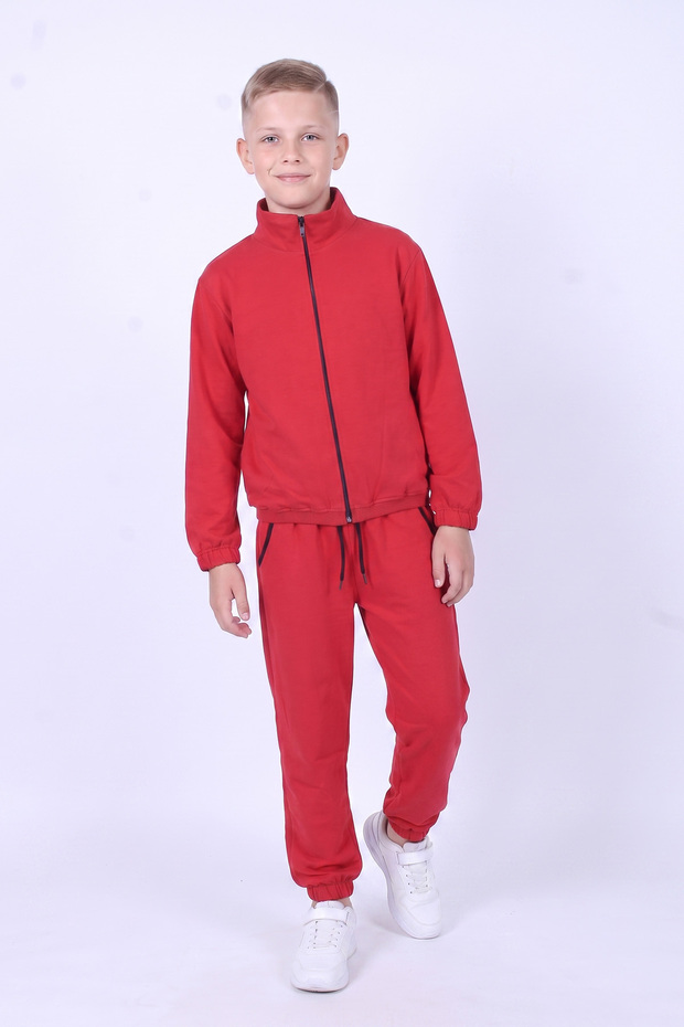 Boy's Stand Collar Zippered Waist Tie Elastic Cuffed Tracksuit Set