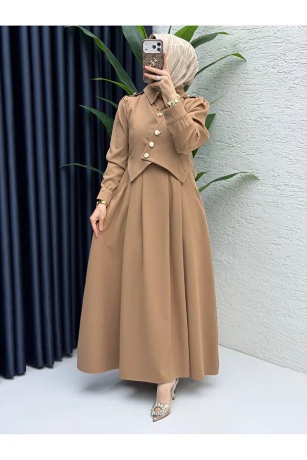 Women's Modest Double Crepe Fabric Dress with Pockets in Latte Brown