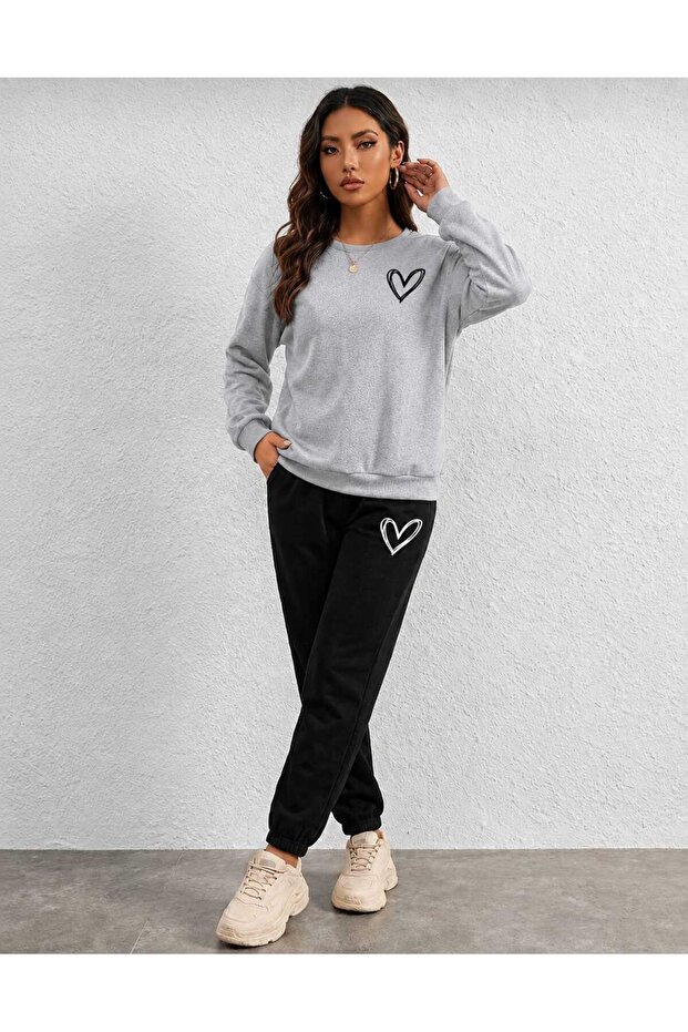 Zero Collar Sweat Suit 2-Piece Combination Winter Shardooned Minimal Heart Printed Women's / Girls' Model