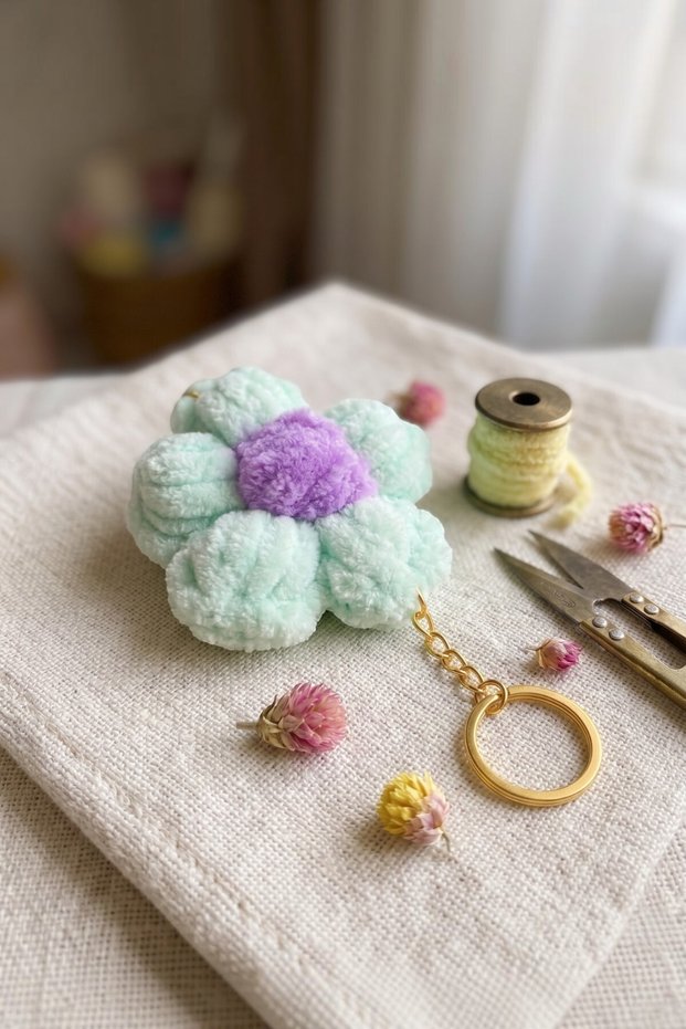 Handmade Puff Flower Bag Charm - Plush Velvet Keychain with Gold Chain, Bag Decoration