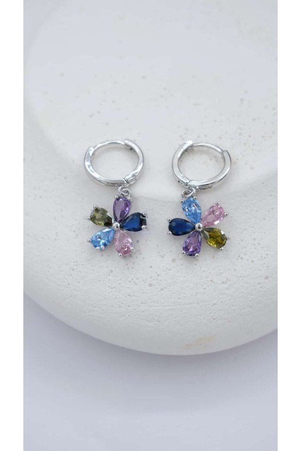 Silver Colored Zircon Stone Flower Earrings