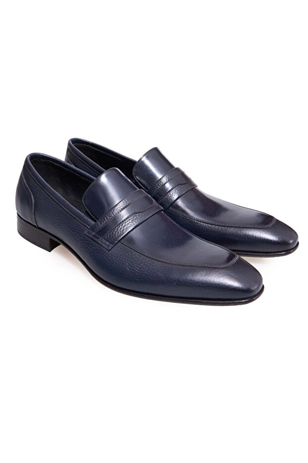 Dark Blue Color Laceless Genuine Leather Leather Sole Men's Shoes