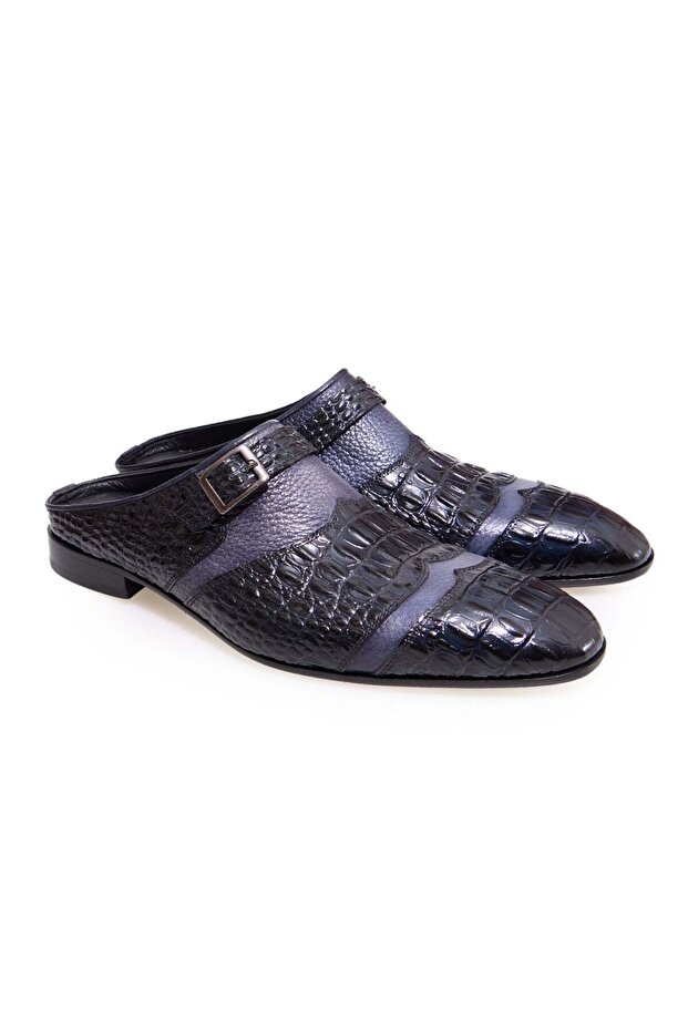 Dark Blue Color Laceless Genuine Leather Men's Half Shoes
