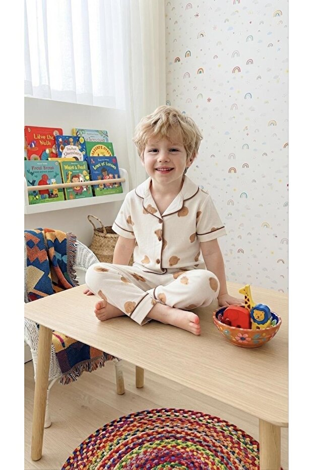 Dlş 6070 Boy's 100% Cotton White Teddy Bear Combed Cotton Buttoned Pajama Set
