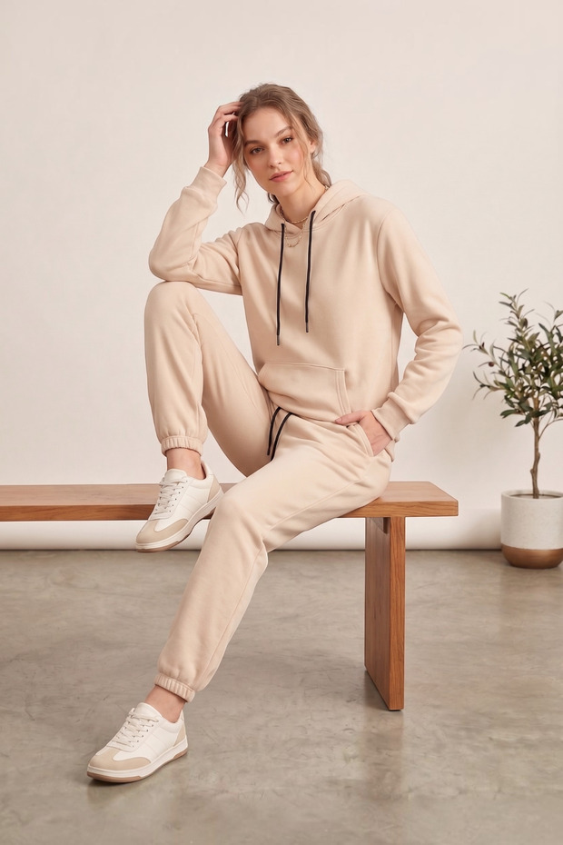 Women's 3 Threaded Yarn Hooded Sweatshirt and Jogger Bottom Set Premium Quality - Cream
