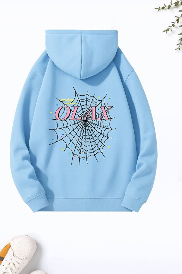Unisex Oversize 3 Thread Yarn Kangaroo Pocket "Spider Web and Typography" Printed Hooded Sweatshirt