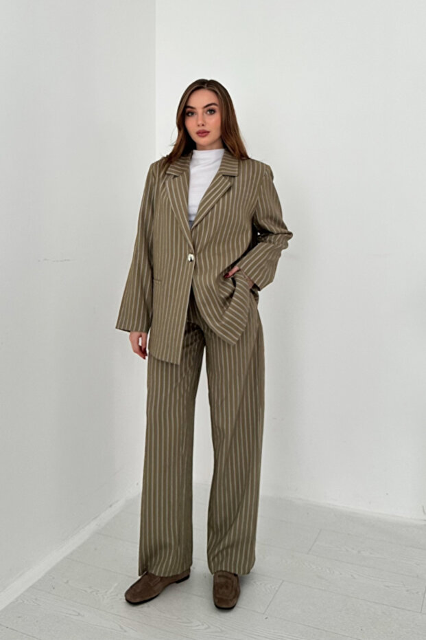 Khaki Striped Jacket and Pants Set