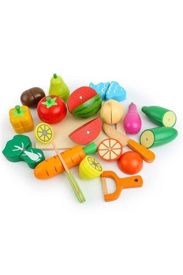 17 Pcs Wooden Play Food, Shopping Bag & List. Magnetic Toddler Cutting Set, Play Food Sets for Kids Kitchen, Pretend Play Toys