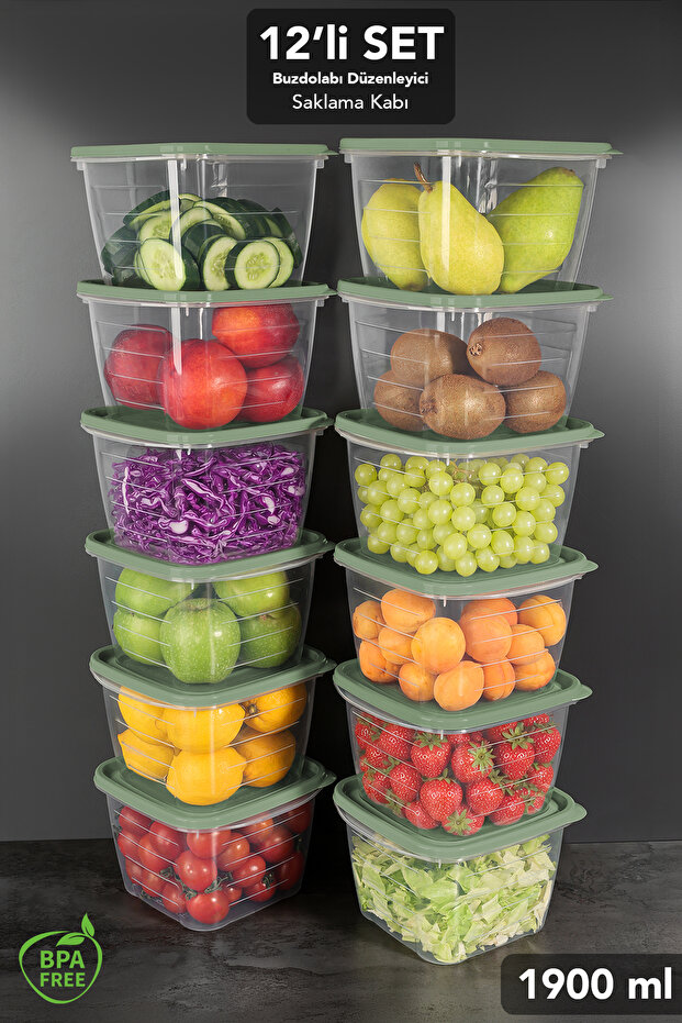 12-Piece Square Food Storage Container - Stackable Fruit Vegetable Food Storage Kitchen Organizer 1900ml Green