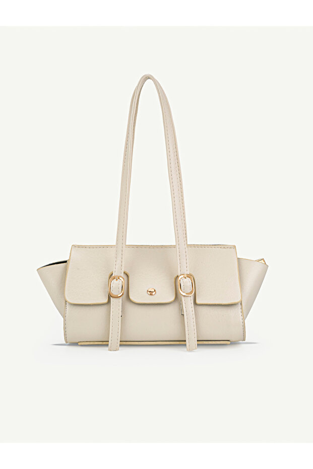 Yennefer Cream Belt Buckle Detailed Rectangular Baguette Handbag & Shoulder Bag