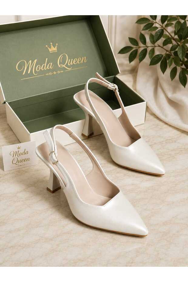 Women's High-Heeled Shoes with Open Back and Buckle Detail. White Pearlescent Women's Stilettos.