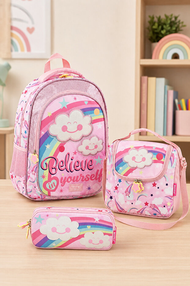 9067 Rainbow Cloud Patterned 3-Piece Primary School Backpack, Lunchbox, Pen Holder Set