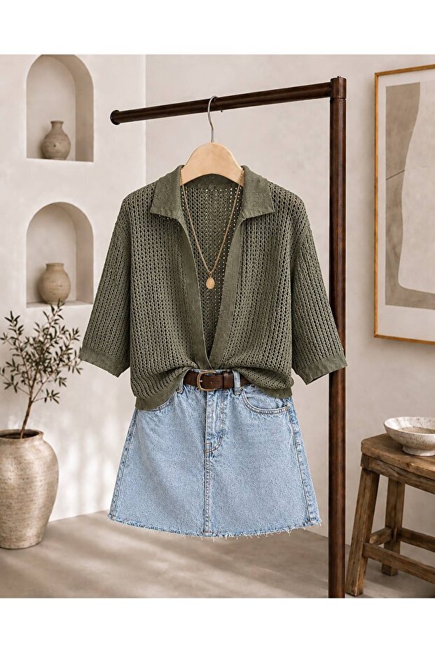 Women's Mercerized Short Sleeve Mesh Polo Collar Spring Summer Cardigan