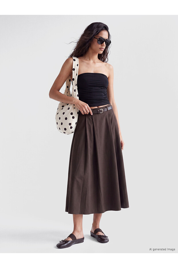 Brown high waist belted pleated flared women's skirt