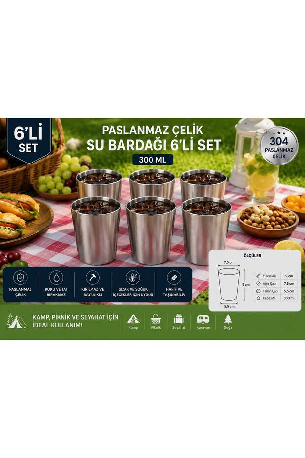 304 Stainless Steel Water Cup Set of 6 300 ml Unbreakable Metal Cup Camping Picnic Home Use