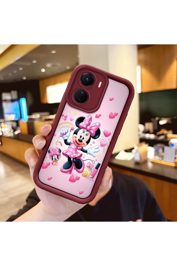 Vivo Y16 Compatible Case Camera Protector Minnie Pattern Burgundy Lover Couple Silicone Phone Case