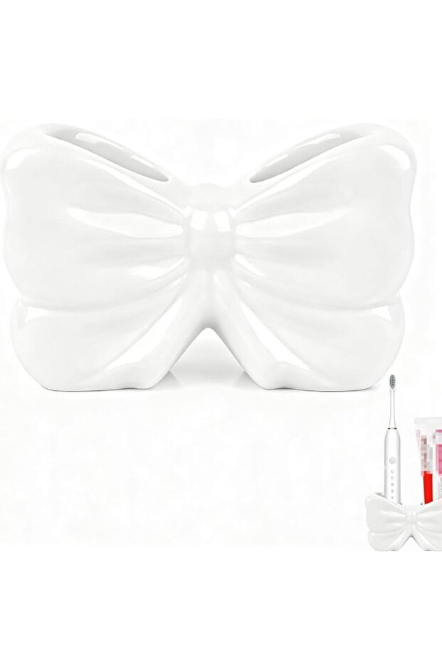 Tazweeq Bow Electric Toothbrush Holder, Ceramic Cute Toothpaste Holder, Bathroom Countertop Accessories for Toothpaste, Kitchen, Bedroom, Office Decor (White)